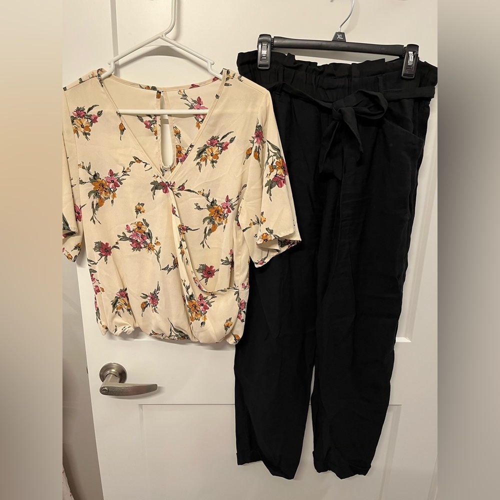 Floral top with paper bag high waist pants